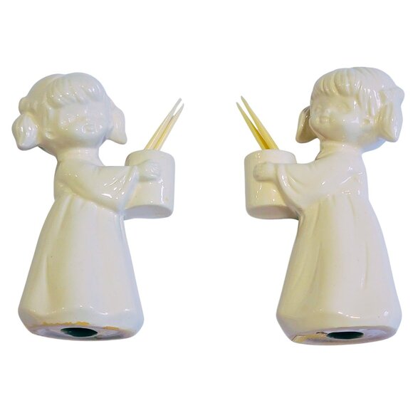 Vintage Set of 2 Cute & Kitschy Cherubs / Angels Toothpick Holders - Picture 3 of 6